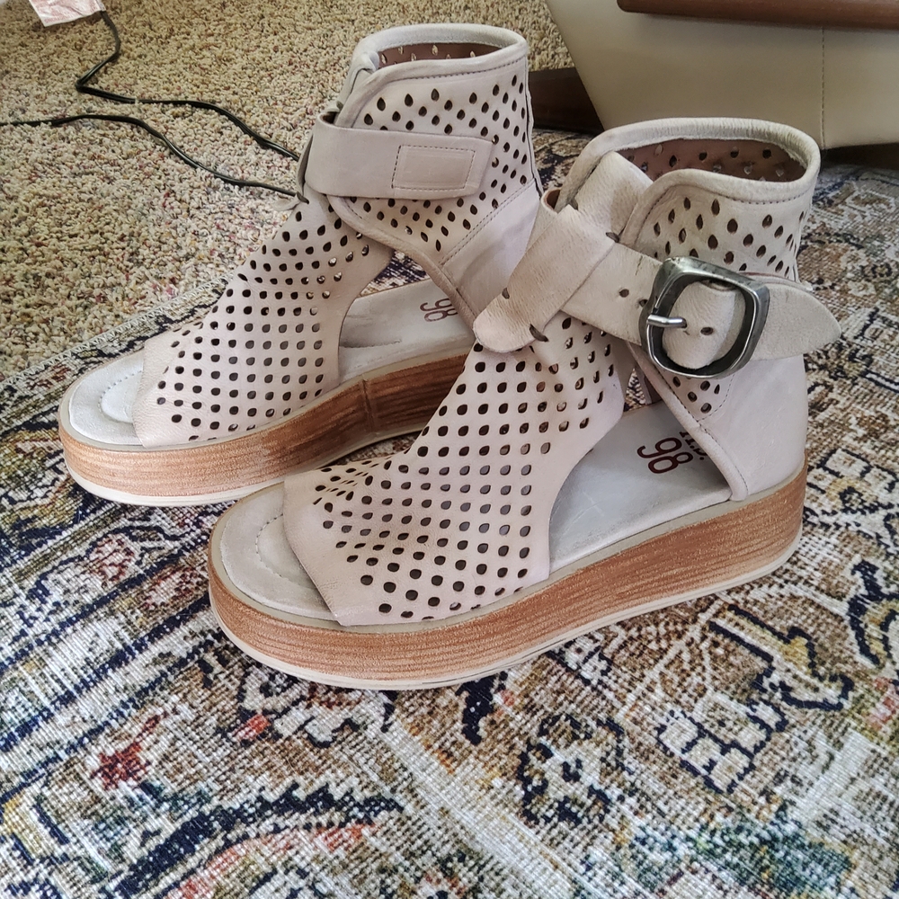 A.S.98 Perforated Tan Platform Wedge Sandals with Buckle
